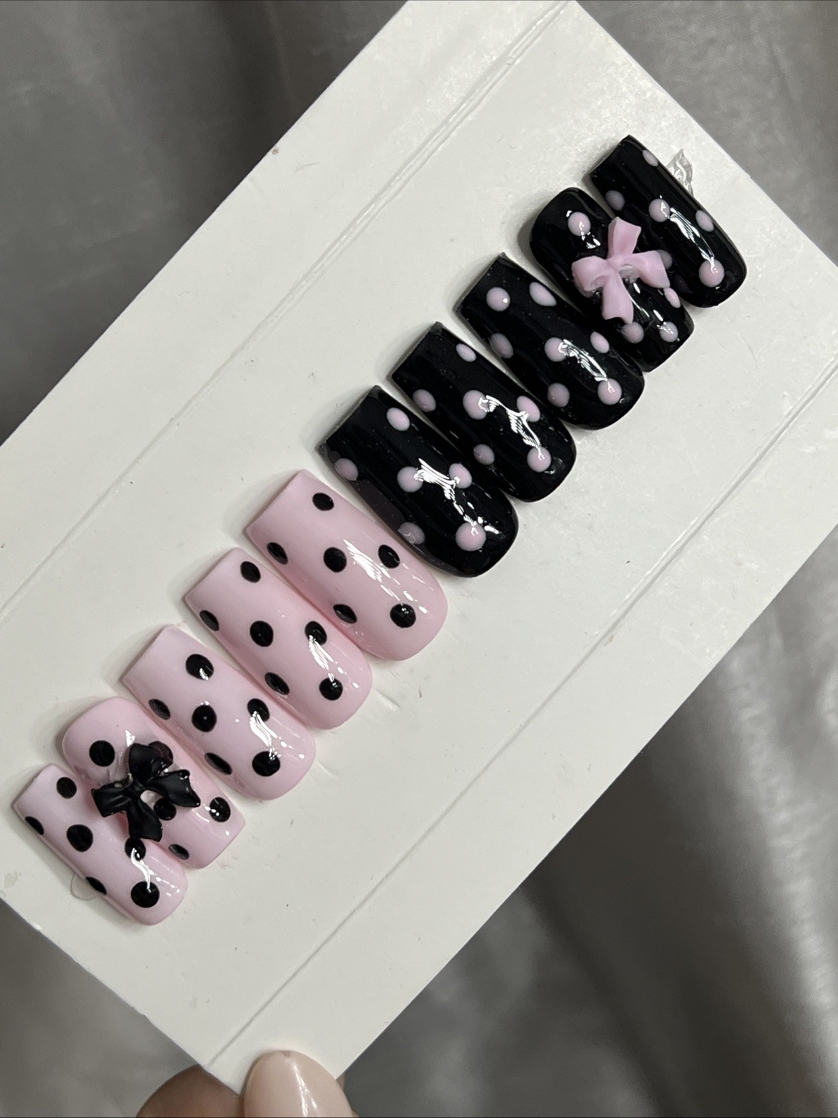 🌸 CUSTOM Press On Nails PINK BLACK POLKA DOTS BOW 10p SET W Kit