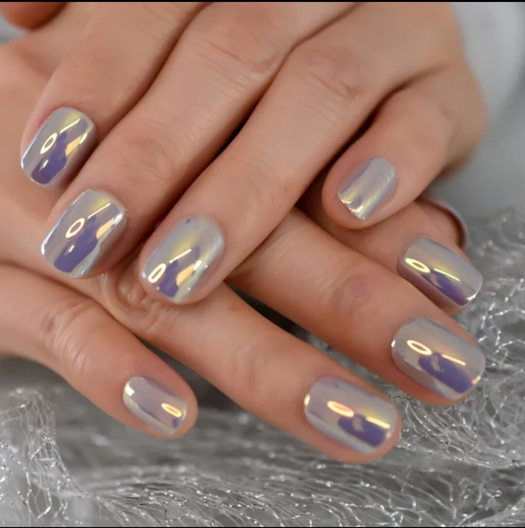 24 Short Chrome Press on nails kit w glue pale gray oil slick pink