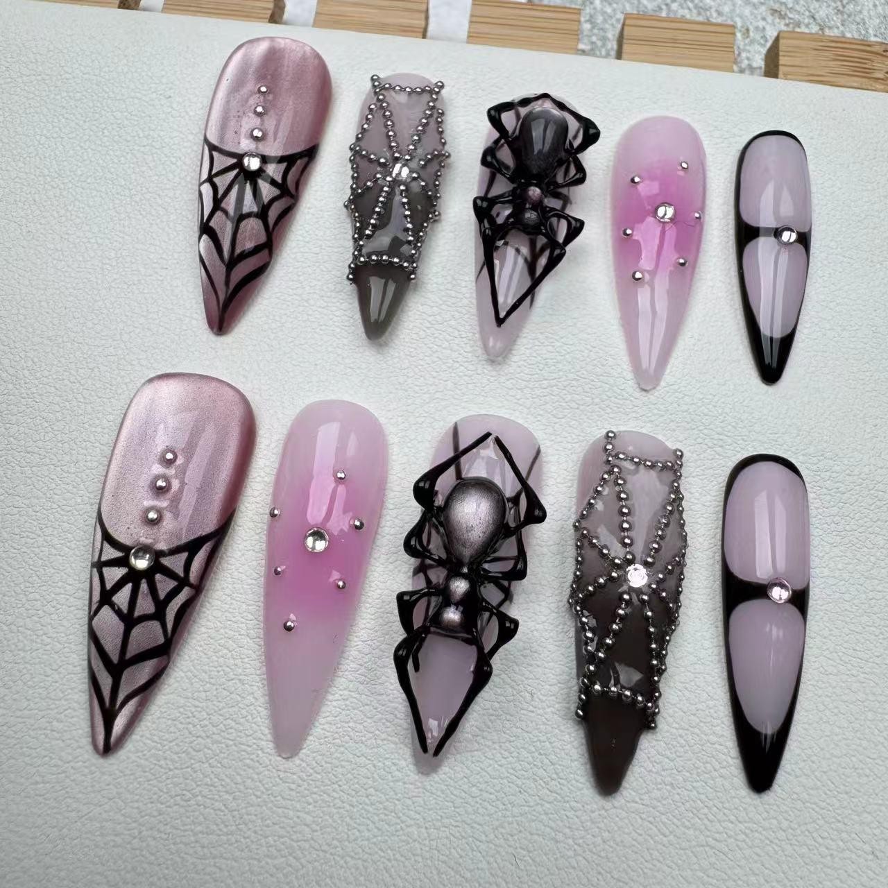 Custom Handmade Halloween Spider Web Silver Bead Cat Eye Stiletto Press on Nails