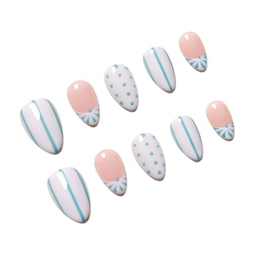 Press-On Nailshort Almond with Blue Polka S Polka Dot & Stripe French