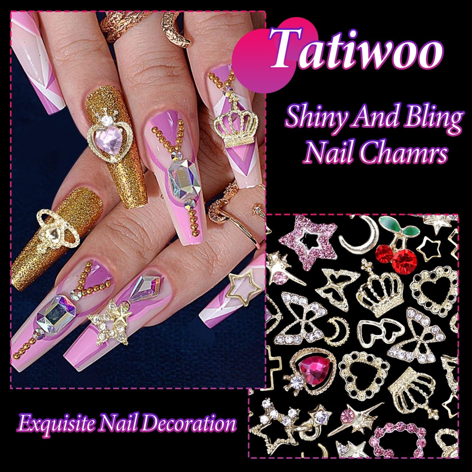 540 Pcs Gold Nail Charms, 40 Pcs Heart Star Cherry Nail Rhinestones and Charm…