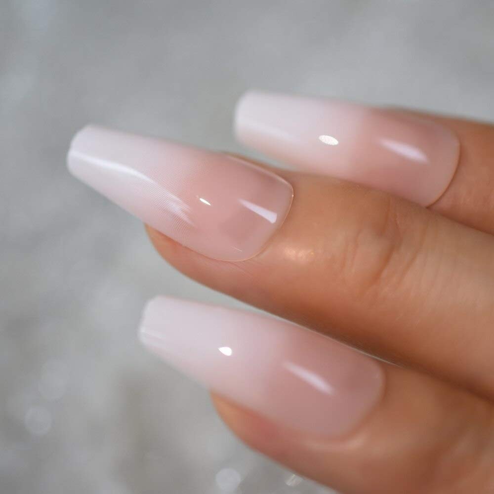 Glossy Ombre Pink Nude White French Ballerina Coffin False Nail Gradient Natu…