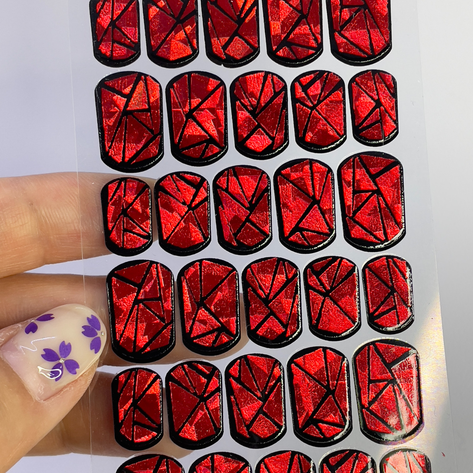 Red Holographic Nail Wraps Full Cover DIY Glass Manicure Strips Korea Beauty