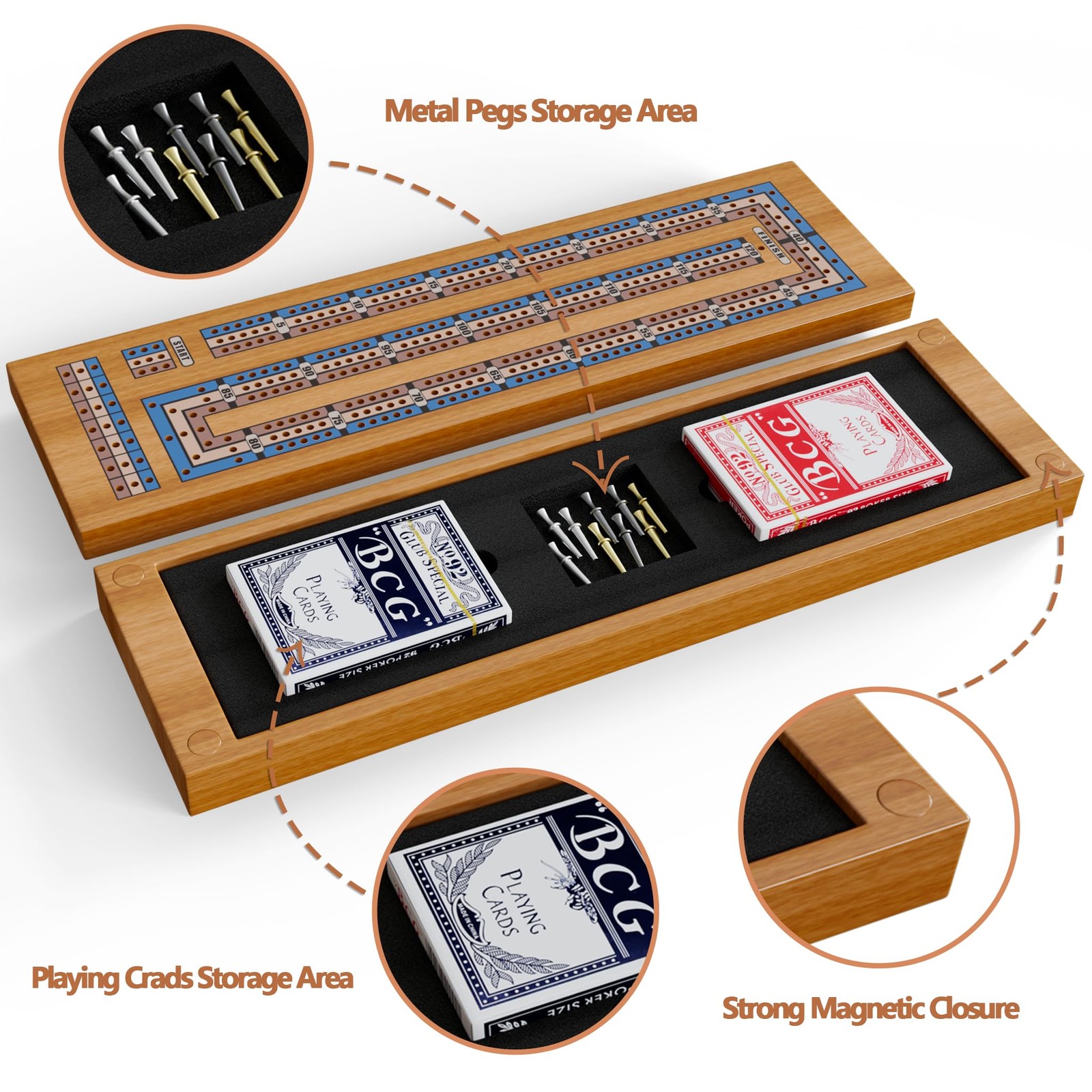 Wooden Cribbage Board Game Set – 15 inches x 2 inches, Walnut Color