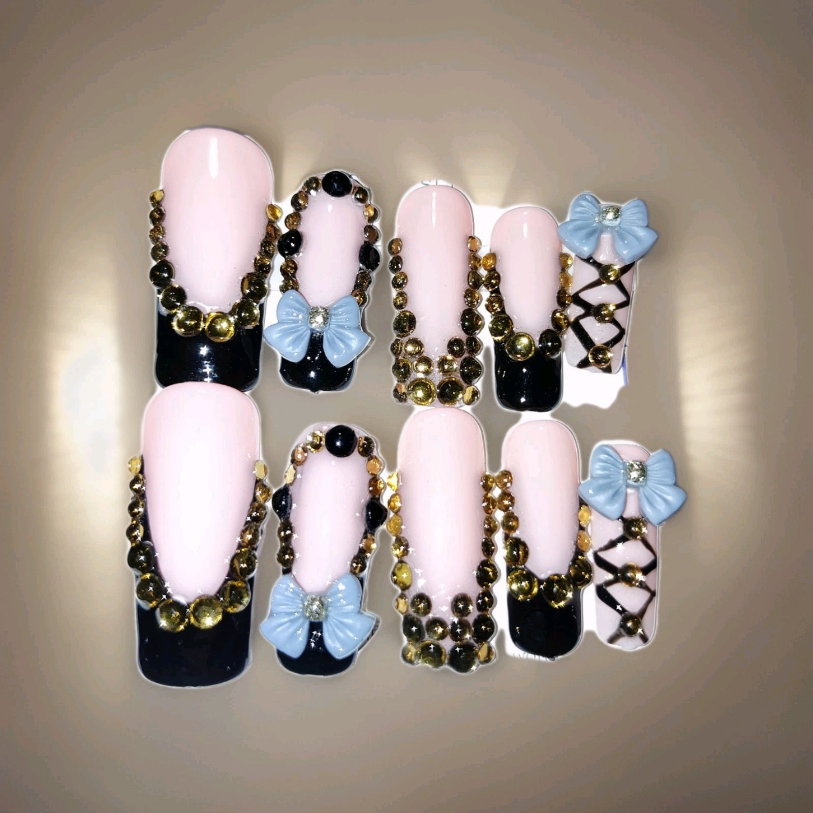 Medium Square Pink Black Gold 3D Bow Gemstone Shiny Press-On Nails Full Cover
