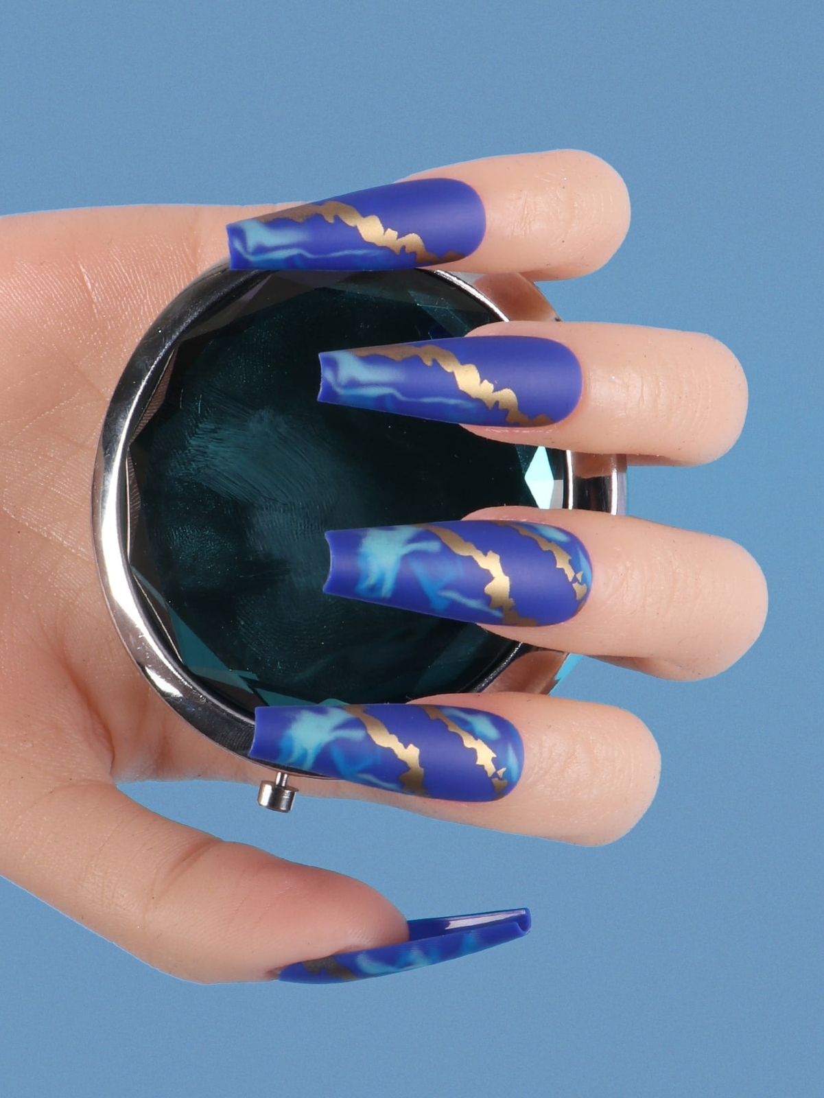 24pcs Long Coffin Abstract Blue Marbled Pattern Fake Nail Press On Nails False