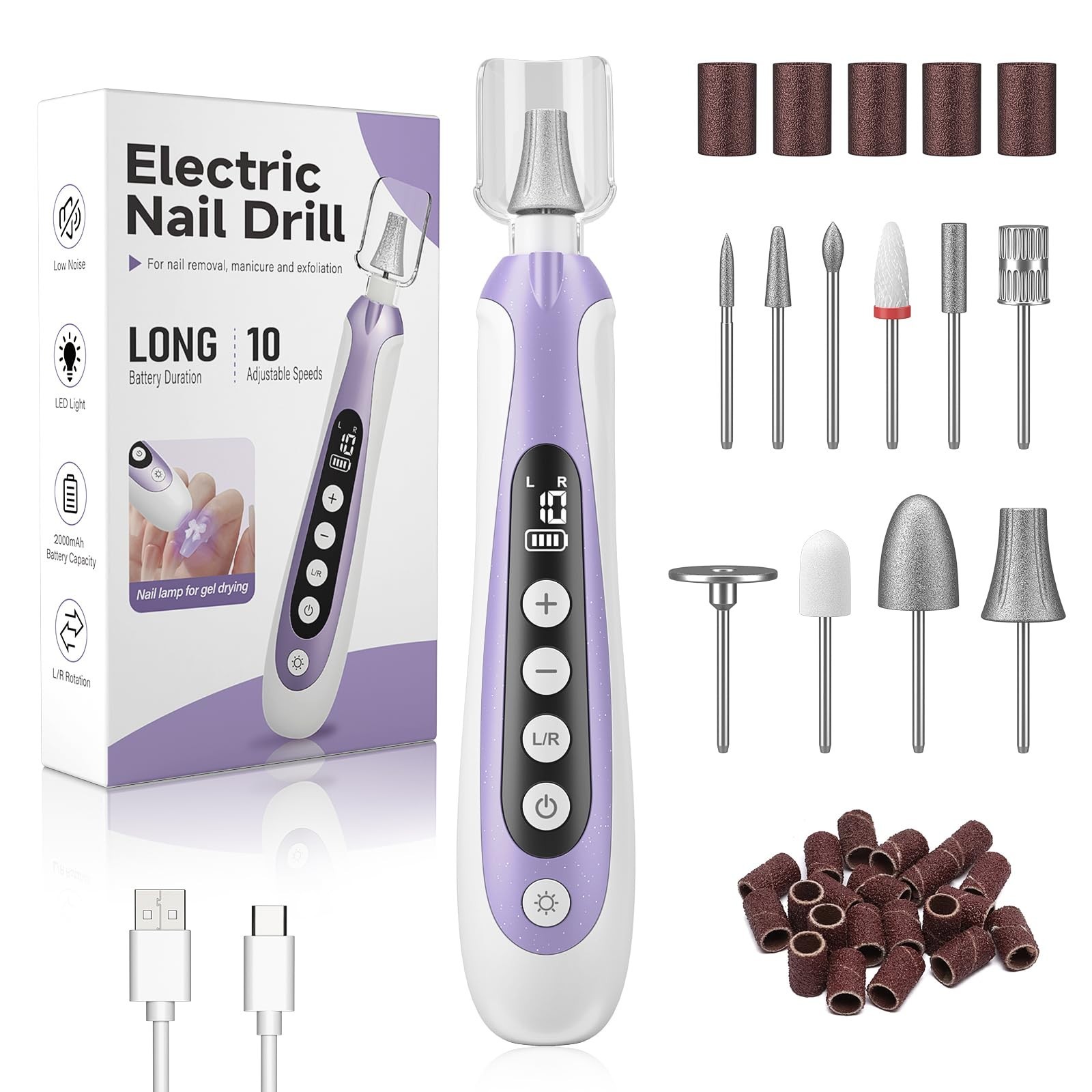 Nail Drill, Electric Nail File & 10-Speed Cordless Nail File, 10 in 1 Kit for…