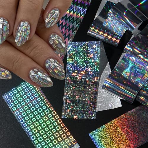 10 Sheets Holographic Nail Art Foil Transfer Stickers, Iridescent Laser Style-1