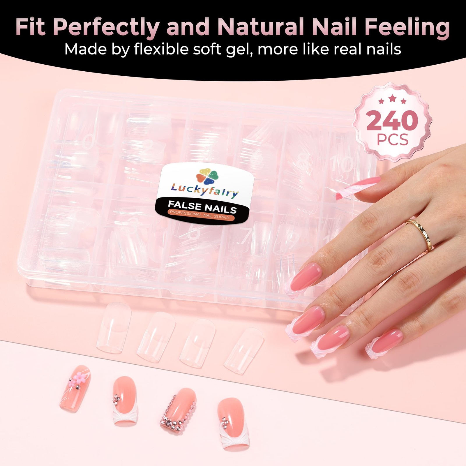 Luckyfairy Sharp Square Nail Tips, 240PCS Medium Square Press On Nail, 12 Siz…