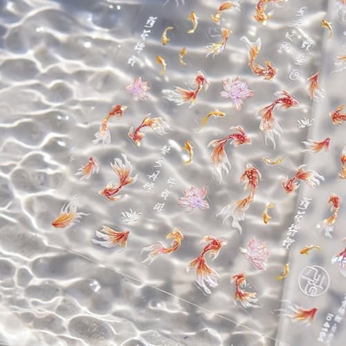 Nail Art Stickers Sparkly Koi Nail Stickers 5D Embossed Shell Light Goldfish