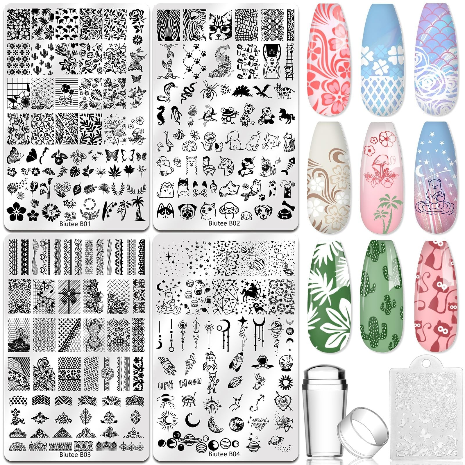 4PCS Nail Stamping Plates Set with Stamper & Scraper – French Lace, Space, Anima