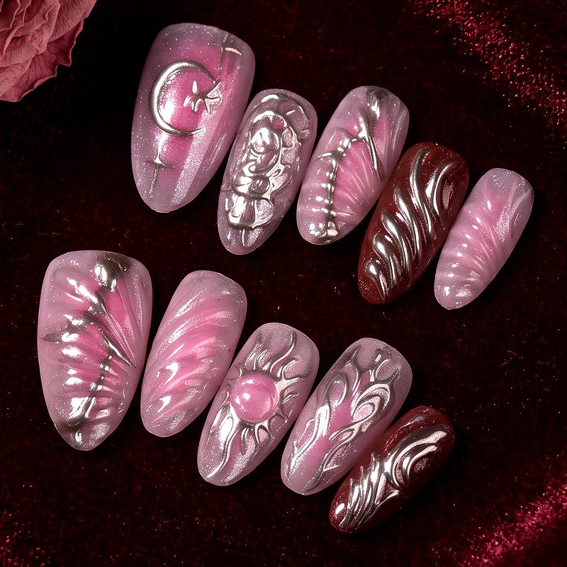 60Pcs Moon Sun Flame Metallic Almond Press on Nails,Y2K Glossy Trendy Fake Nails