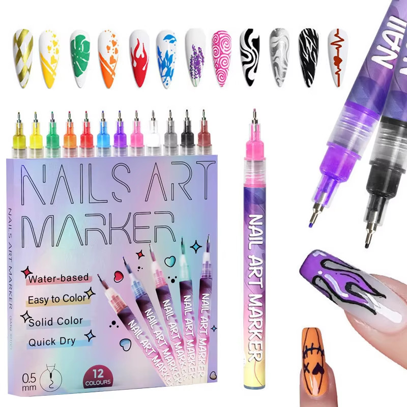 12Pcs/Set Nail Acrylic Graffiti Pen 12 Color Nail Marker Drawing DIY Beauty Nail
