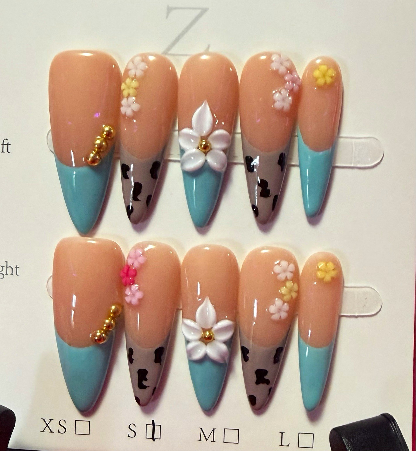 Nude/Blue 3D Flower Stiletto Press-On Nails, Long Full Cover Acrylic