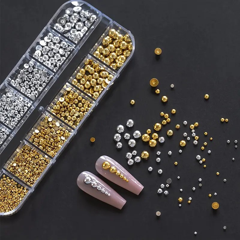6/12-Grid Nail Steel Beads Set Caviar Beads Gold Silver Half Pearls for Nail Art