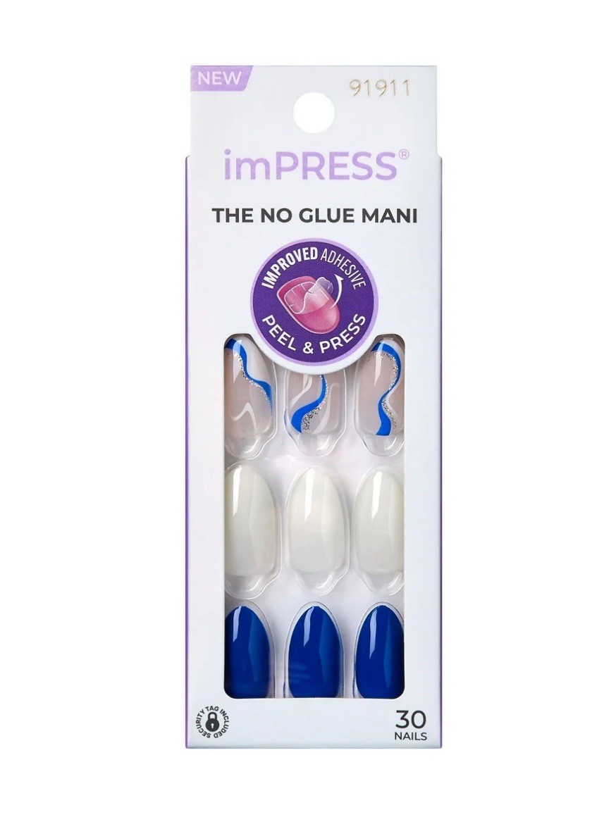KISS imPRESS No Glue Mani Blue White Swirl
