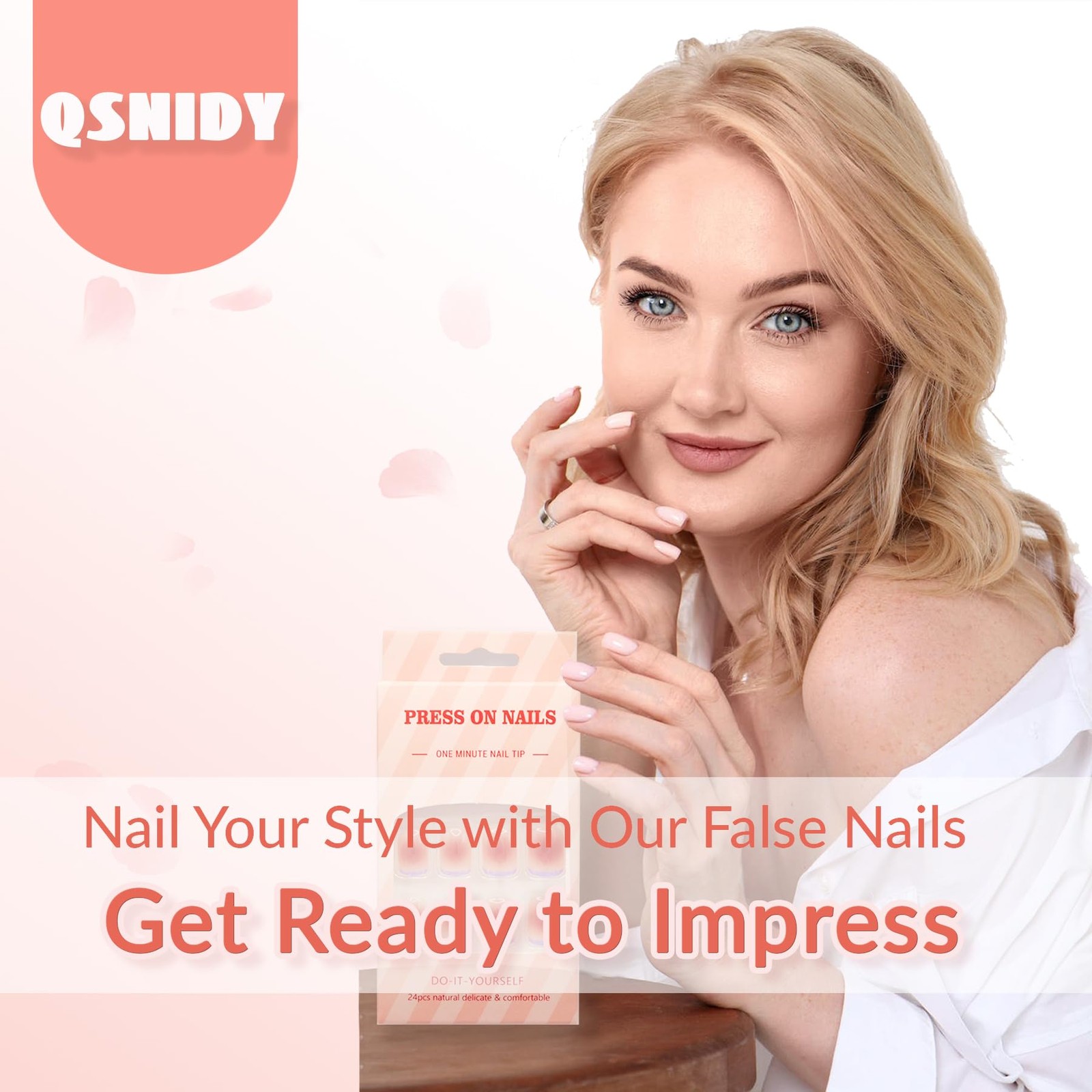 Press on Nails Almond, Ombre Nude Coral Pink, Glossy Fake Nails
