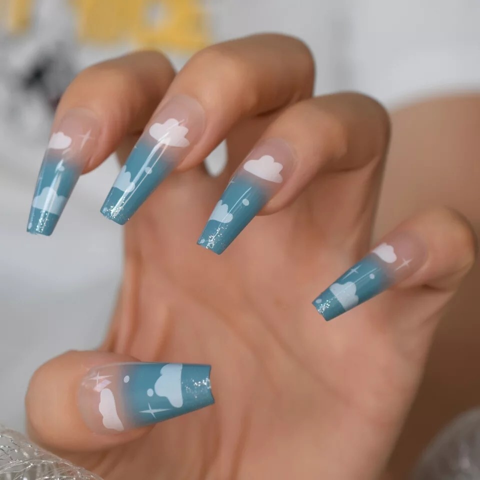 24 Blue skies Clouds Press on nails kit glue nude ombre clear cute kawaii