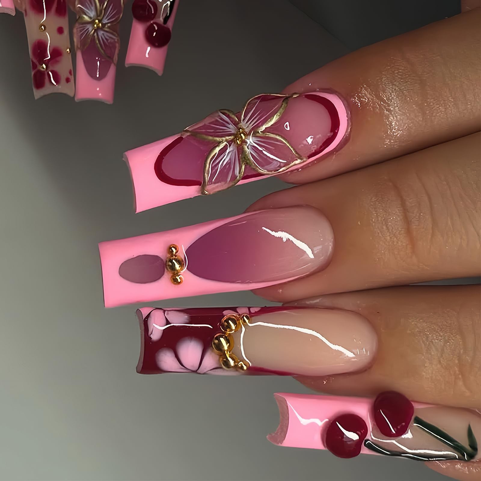 FNKFNK Pink Red French Tip Press on Nails Long Square Fake Nails with Gold Be…
