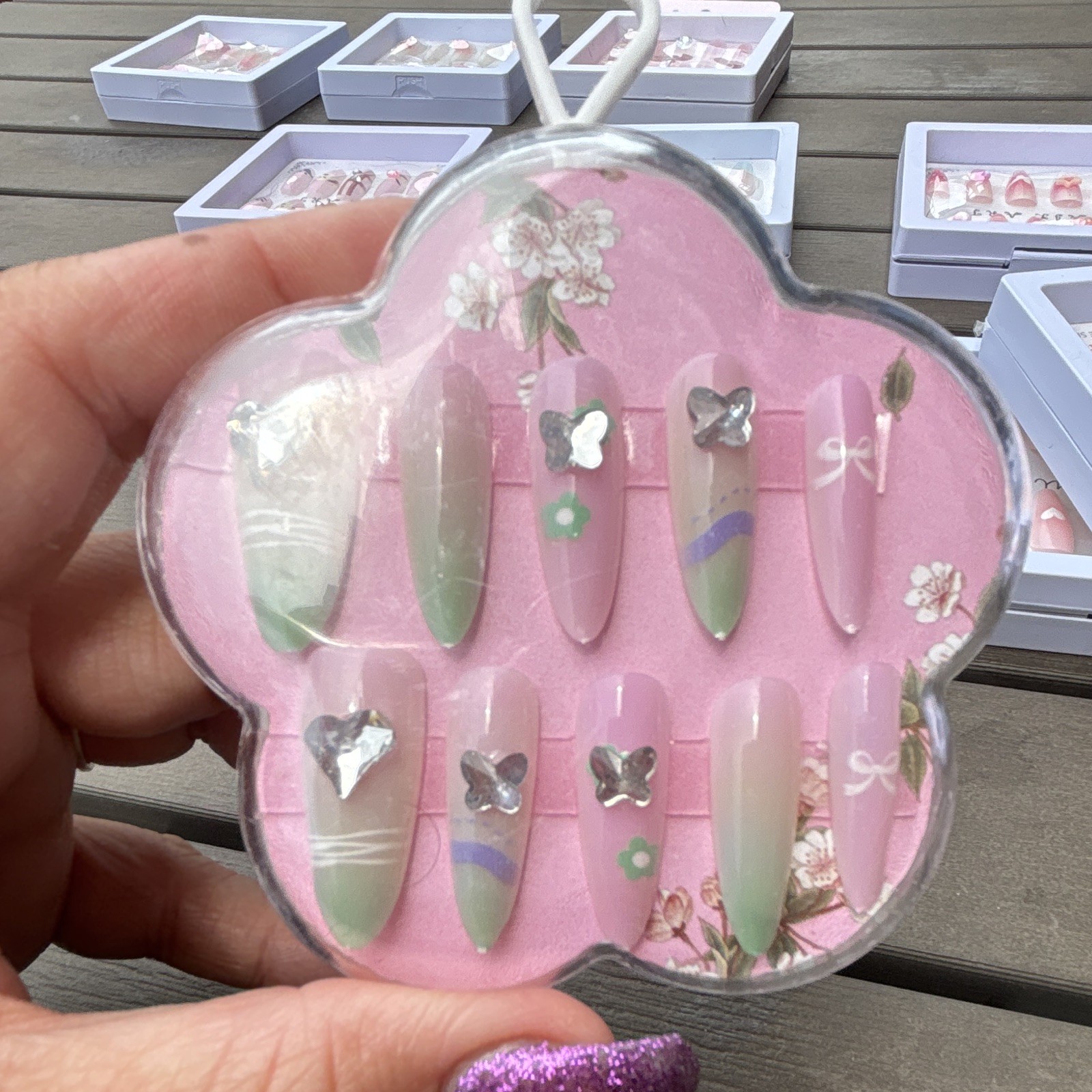 Long Coffin Press-On Nails Pink Green White Floral 3D Acrylic Pre-Designed