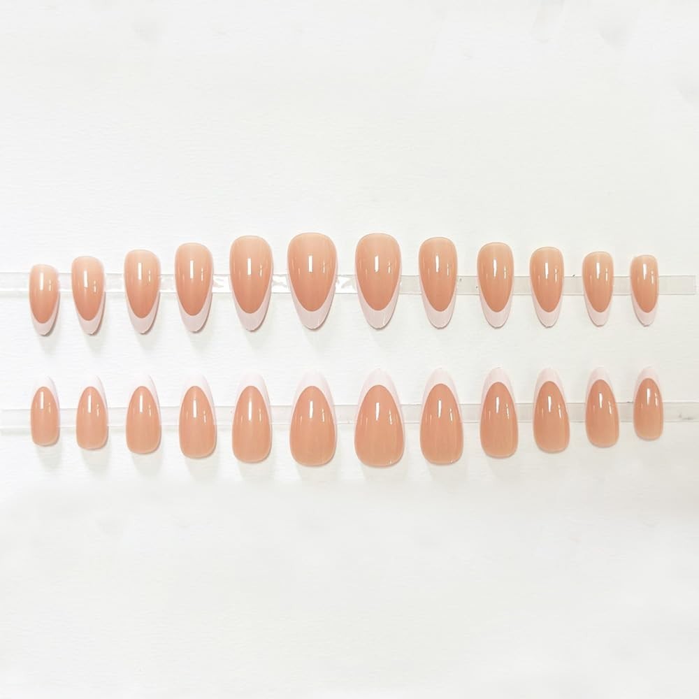 Secret Lives Glossy Reusable Artificial Almond Shape Nude Color with White 24set