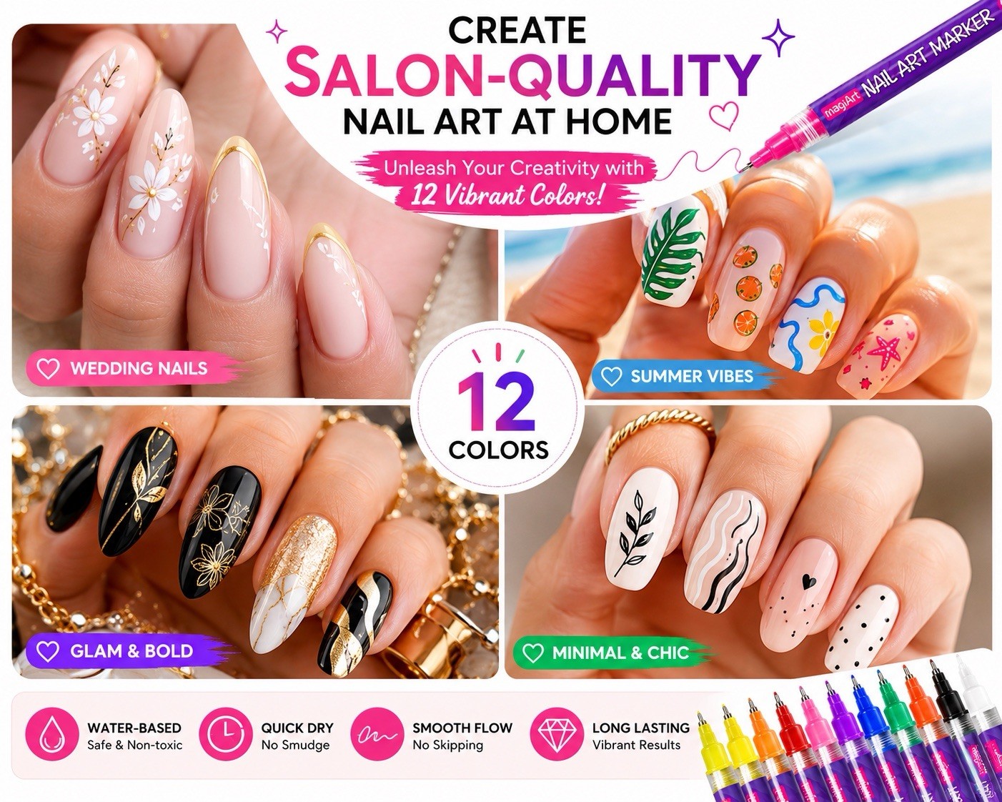 12 Colors Nail Art Pens Set 3D Polish Markers for Gel Nails Graffiti Dotting Pen