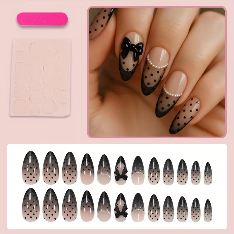 24pc Almond Shape Press On Nails 12 Sizes Full Cover Reusable Elegant Nail Set
