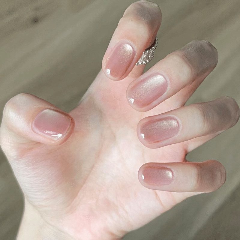 60Pcs-Short Oval Minimalist Natural Nude Aurora Cat Eye Press on Nails