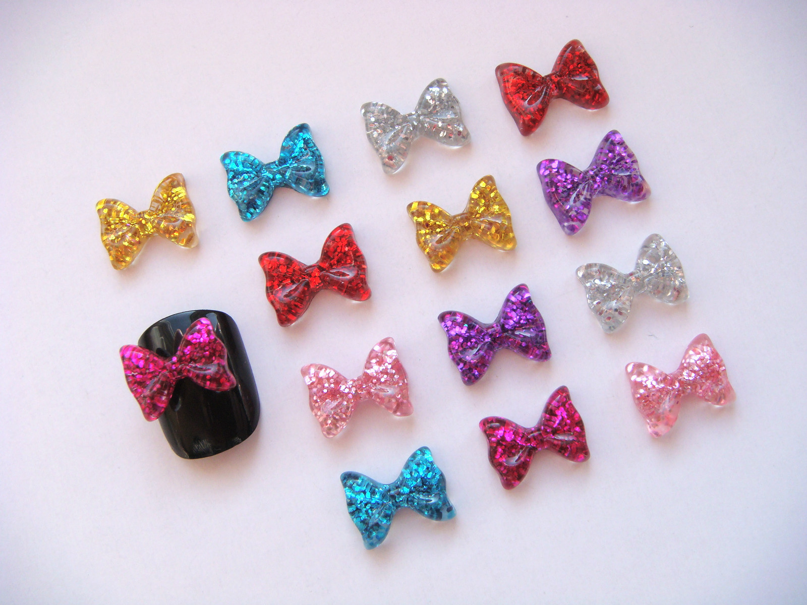 14 Cute 3D Nail Art Bows with GLITTER Gold Silver Blue Pink Red Purple etc.