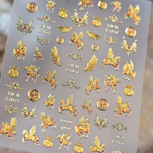 Gold Nail Stickers 5D Embossed Horse Animal Prints Nail Decals Soaring Color 7