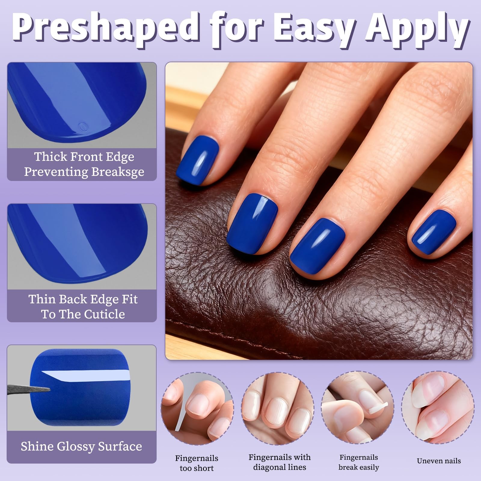 Royal Blue Press on Nails Short Square,120Pcs Glossy Royal Blue Fake Nails Fu…