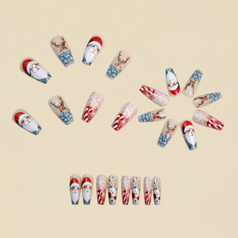 48P Long Coffin Press on Nails, Silver Glitter Santa Reindeer Holiday Fake Nails