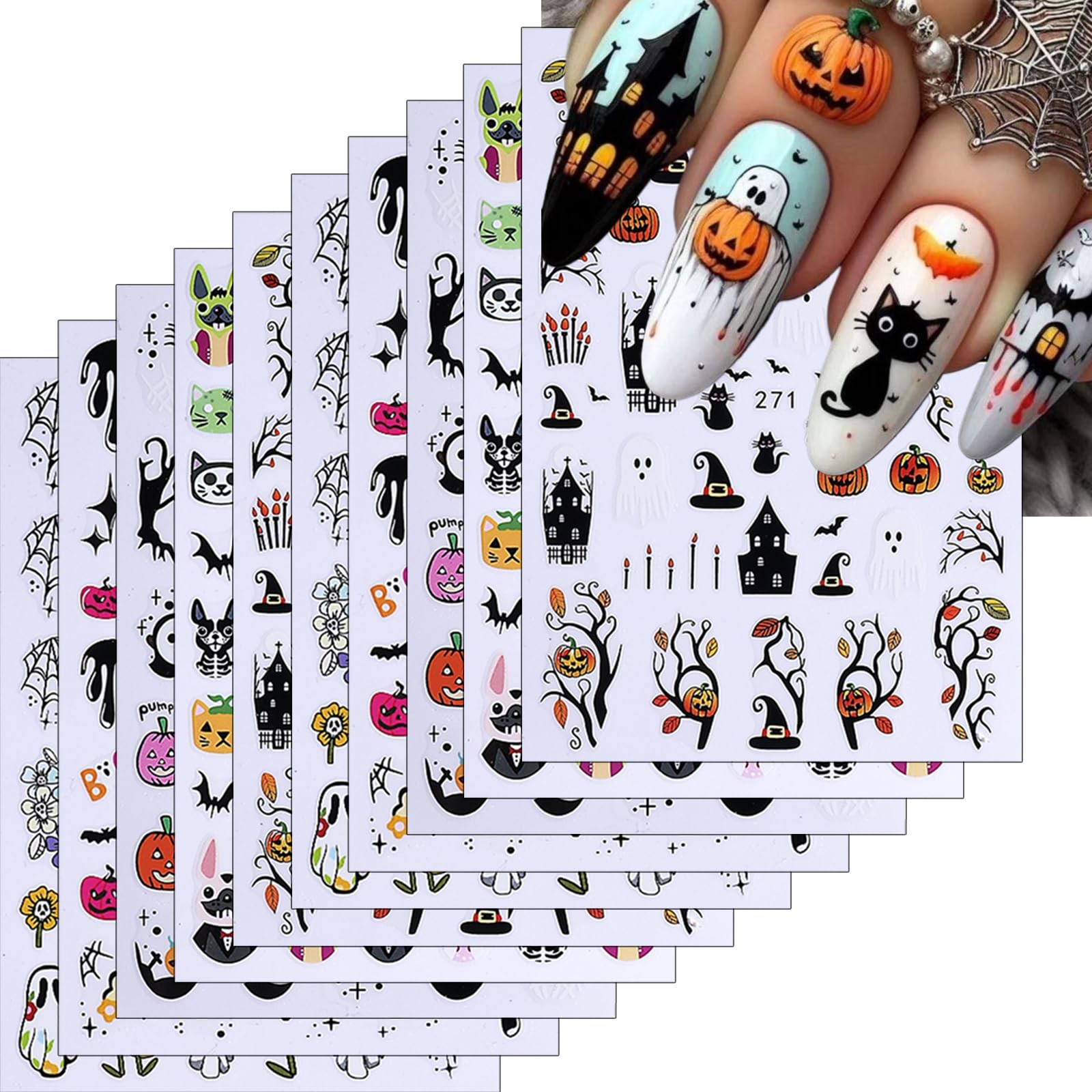 10Sheets Halloween Cute Cartoon Nails Art Stickers Ghost Mushroom Skull Pumpk…