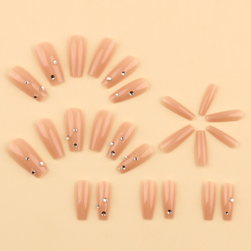 48pcs Long Taper Press on Nails, Nude Clear Mixed Rhinestone Gloss Wedding Nails