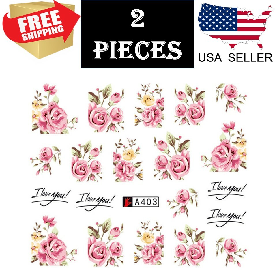 2X Nail Art Water Decals Stickers Transfers Rink Roses Flowers Gel Polish (A403)