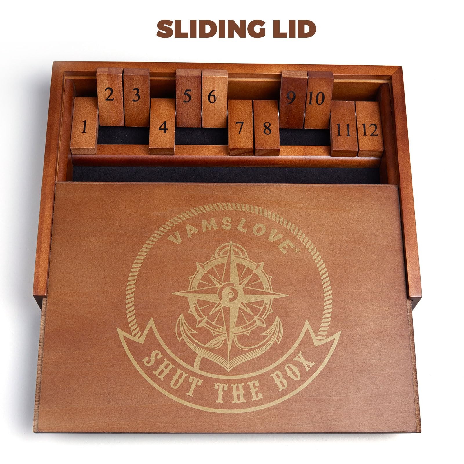 VAMSLOVE Shut The Box Dice Game Wooden Board Table 11.8*8.6*1.9 inches, Brown