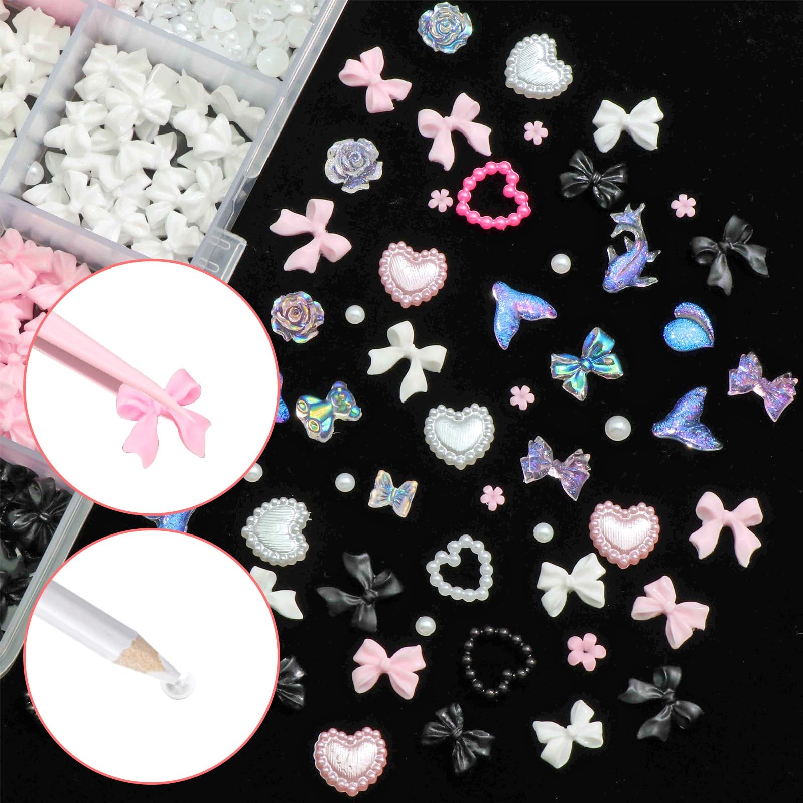 BELICEY 600Pcs 3D Nail Charms and Flatback Pearls Bows Flowers Hearts