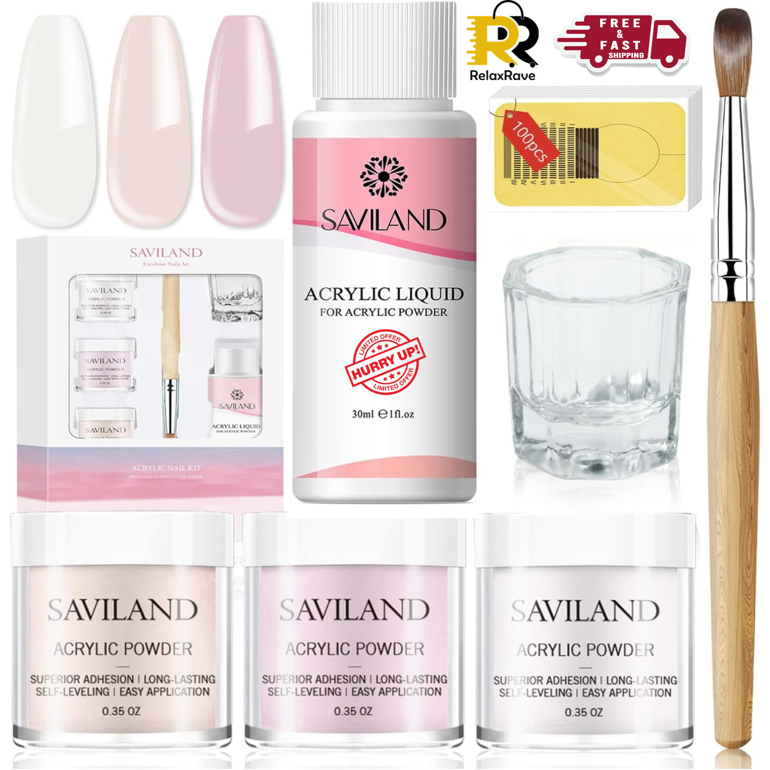 Acrylic Nail Kit with Powder, Liquid & Brush Set, 3 Colors Pink Nude Clear