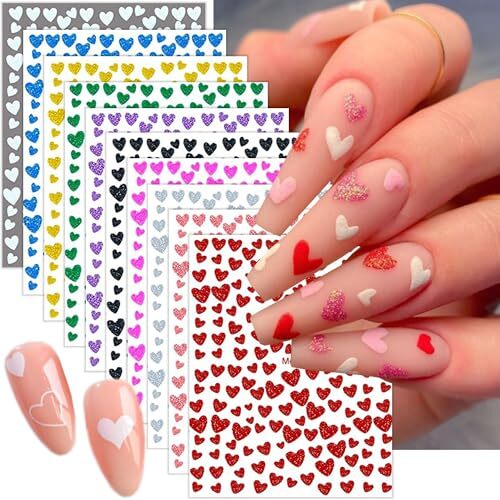 10 Sheets Heart Nail Stickers Decals Shiny Love Nail Decals Colorful heart-3