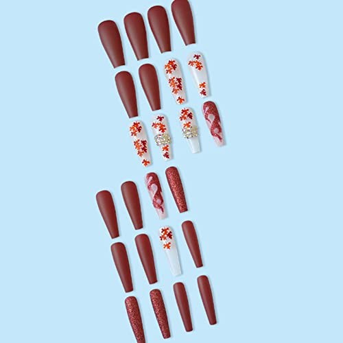 Hkanlre Red Coffin Long Fake Nails Bling Rhinestones 24PCS for Women & Girls