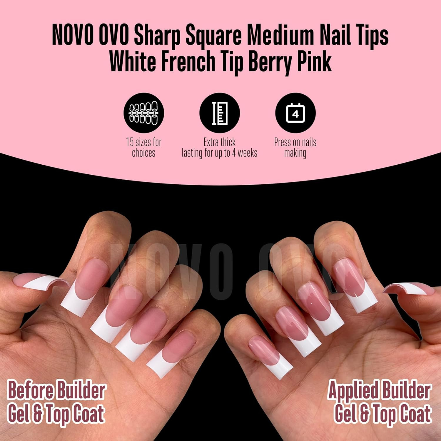 Medium Sharp Square White French Tip Nail Tips Press on BERRY PINK, Extra Thick