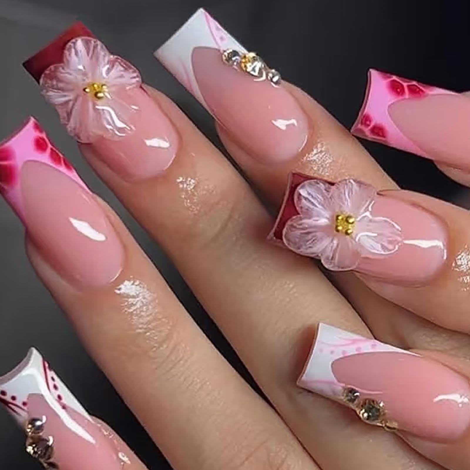 3D Sakura Pink Flower Press on Nails Medium Square, Bright Pink White Floral …
