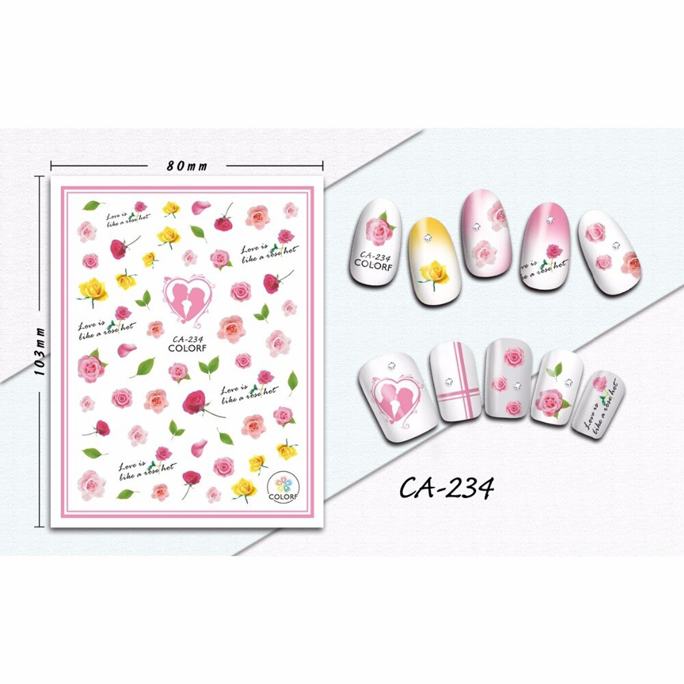 Nail art 3D stickers decal pink red flowers roses hearts CA234