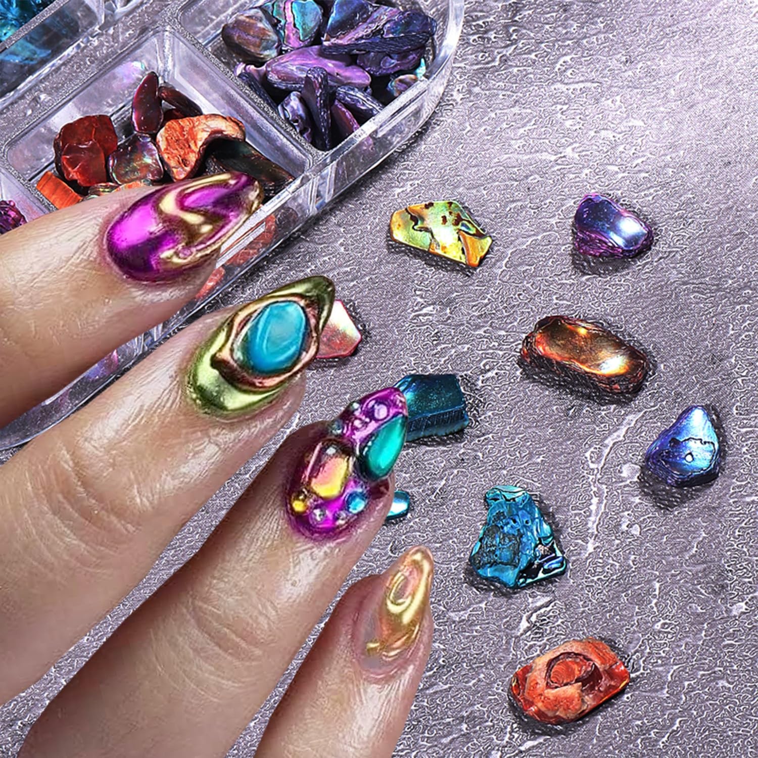 6 Grids Colorful Abalone Shell Stone Nail Gems and Charms 3D Irregular Stone …