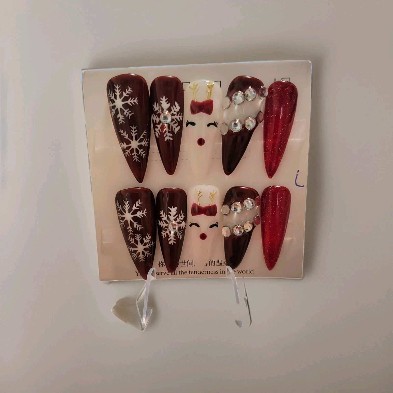 Red White 3D Glitter Christmas Reindeer Snowflake Long Stiletto Press-On Nails