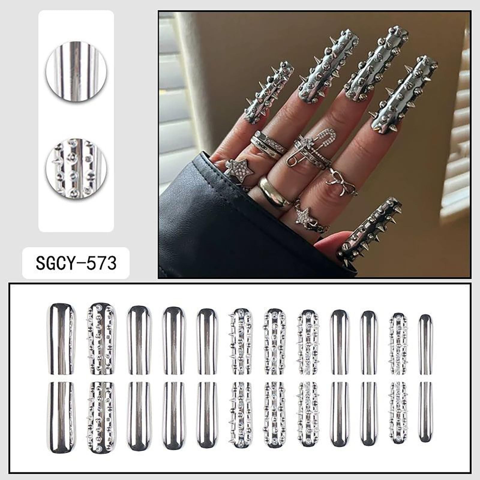 Extra Long Square Metal Silver Plating Press On Nails, Full Cover Glossy Acrylic