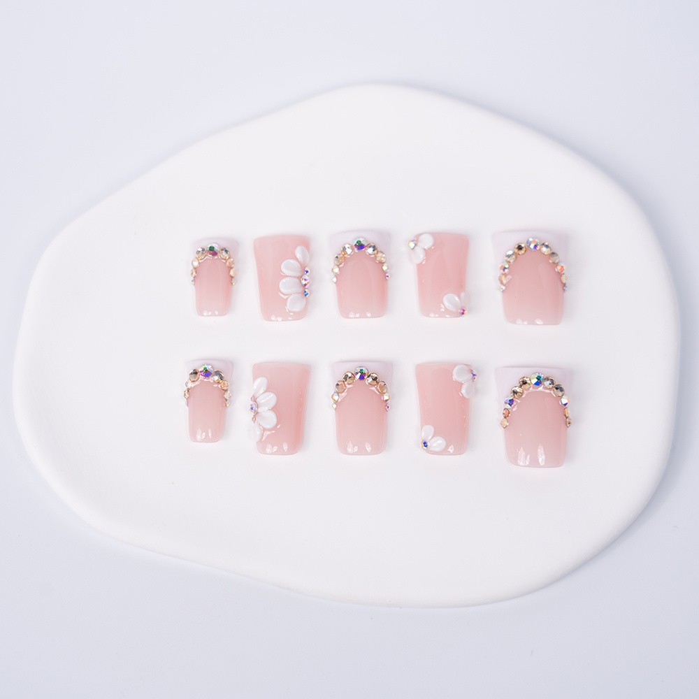 Handmade Flower Press On Nails Pink Crystal Chain Duckbill Fake Nails Reusable