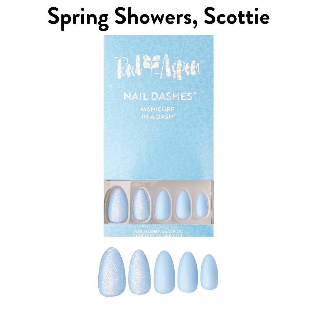 Red Aspen Press On Nails- Spring Showers, Scottie Medium-Almond-Glitter -Blue