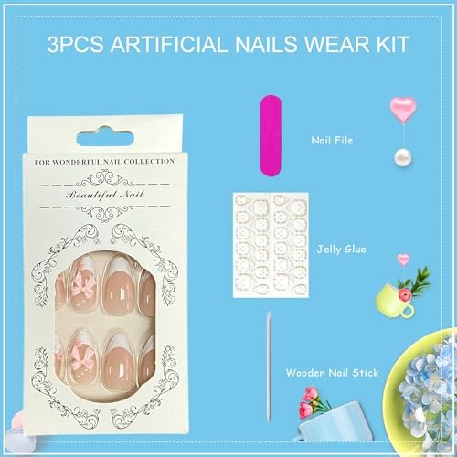 3D Pink Bow Press on Nails Medium Almond Fake Nails White French Tip with Bow