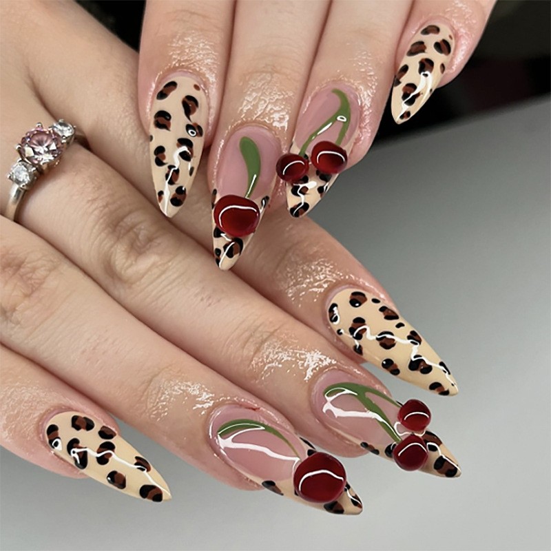 24Pcs Leopard French Press on Nails Long Pontied Almond False Nails Manicure